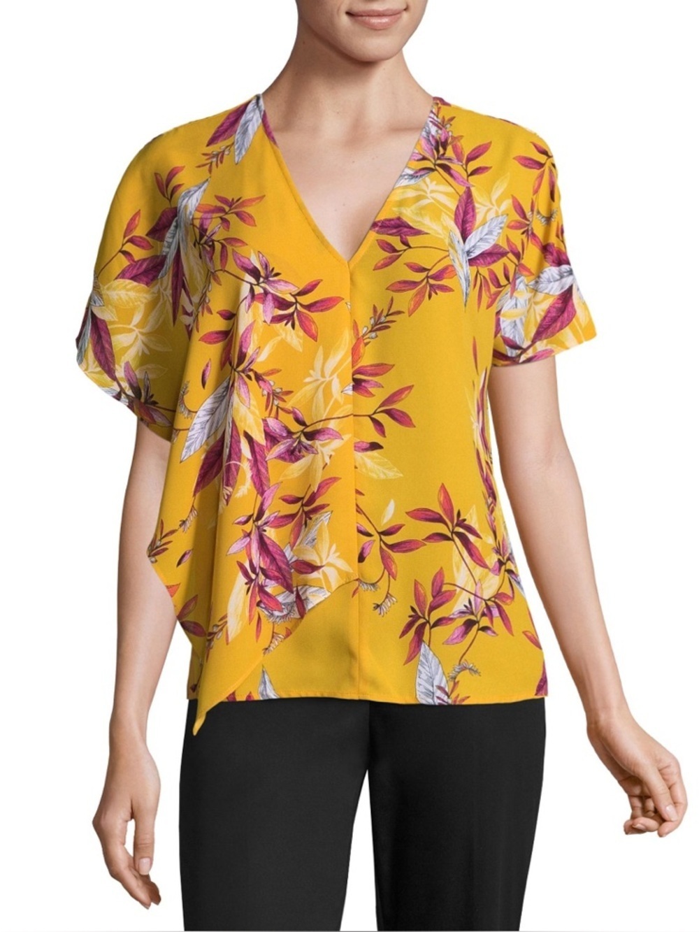 Worthington Yellow Floral Print Short Sleeve Relaxed Fit Blouse Size M NWOT